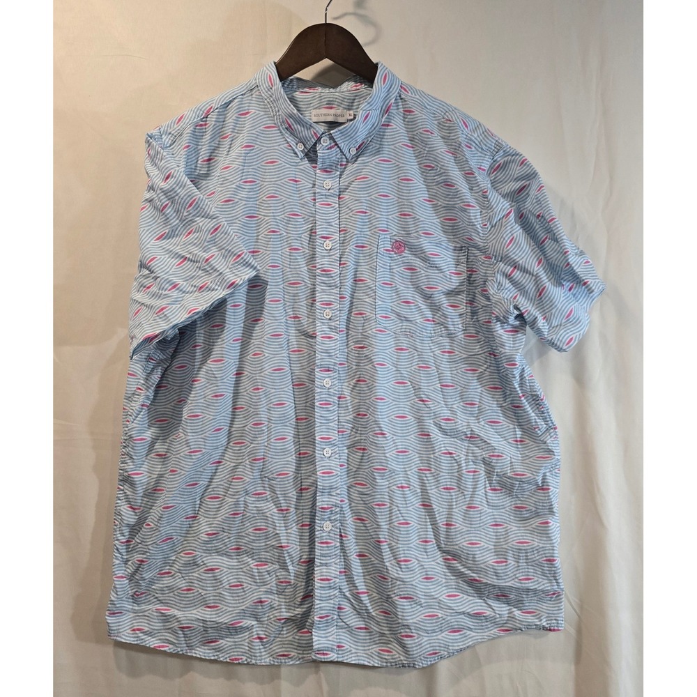 Southern Proper Mens XL Short Sleeve Button Up Shirt Blue Pink Wave Pattern‎